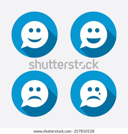 Speech bubble smile face icons. Happy, sad, cry signs. Happy smiley chat symbol. Sadness depression and crying signs. Circle concept web buttons. Vector