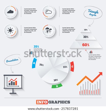 Pyramid chart with three options. Weather icons. Cloud and sun signs. Storm or thunderstorm with lightning symbol. Gale hurricane. Infographic background with pie chart and demand curve. Vector