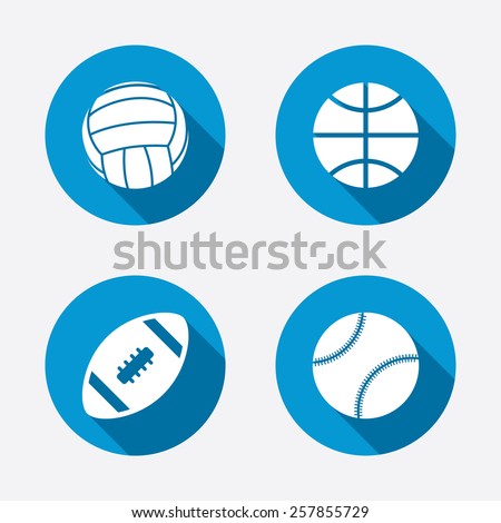 Sport balls icons. Volleyball, Basketball, Baseball and American football signs. Team sport games. Circle concept web buttons. Vector