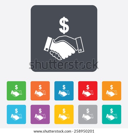 Dollar handshake sign icon. Successful business with USD currency symbol. Rounded squares 11 buttons. Vector