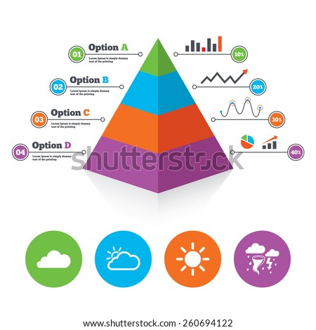 Pyramid chart template. Weather icons. Cloud and sun signs. Storm or thunderstorm with lightning symbol. Gale hurricane. Infographic progress diagram. Vector