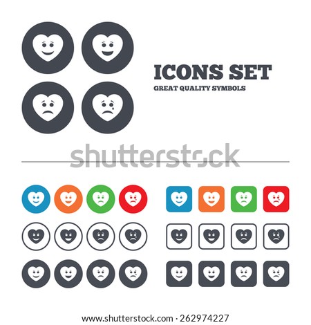 Heart smile face icons. Happy, sad, cry signs. Happy smiley chat symbol. Sadness depression and crying signs. Web buttons set. Circles and squares templates. Vector