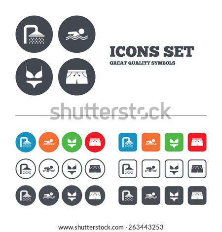 Swimming pool icons. Shower water drops and swimwear symbols. Human swims in sea waves sign. Trunks and women underwear. Web buttons set. Circles and squares templates. Vector