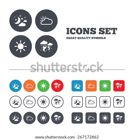 Weather icons. Moon and stars night. Cloud and sun signs. Storm or thunderstorm with lightning symbol. Web buttons set. Circles and squares templates. Vector
