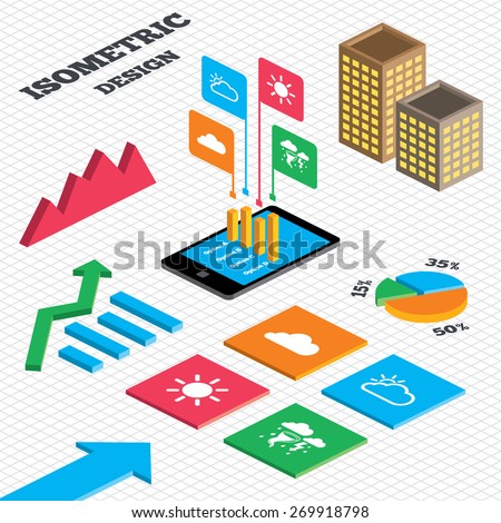 Isometric design. Graph and pie chart. Weather icons. Cloud and sun signs. Storm or thunderstorm with lightning symbol. Gale hurricane. Tall city buildings with windows. Vector