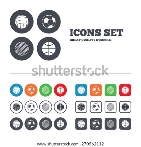 Sport balls icons. Volleyball, Basketball, Soccer and Golf signs. Team sport games. Web buttons set. Circles and squares templates. Vector
