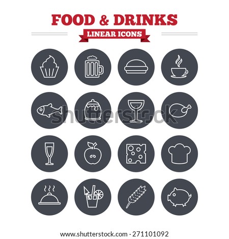 Food and Drinks linear icons set. Beer, coffee and cocktail symbols. Fish and pork meat, hamburger and cheese thin outline signs. Chief hat. Flat circle vector