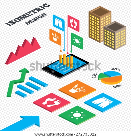 Isometric design. Graph and pie chart. Beach holidays icons. Cocktail, human footprints and swimming trunks signs. Summer sun symbol. Tall city buildings with windows. Vector