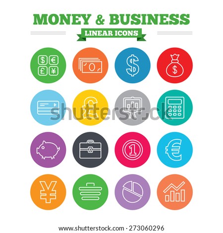 Money and business linear icons set. Cash and cashless money. Usd, eur, gbp and jpy currency exchange. Presentation, calculator and shopping cart symbols. Thin outline signs. Flat circles vector