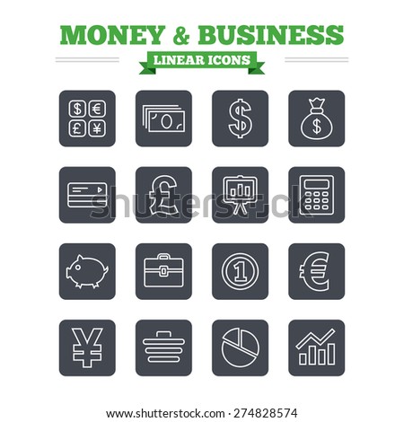 Money and business linear icons set. Cash and cashless money. Usd, eur, gbp and jpy currency exchange. Presentation, calculator and shopping cart symbols. Thin outline signs. Flat square vector