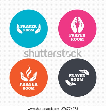 Circle buttons. Prayer room icons. Religion priest faith symbols. Pray with hands. Seamless squares texture. Vector