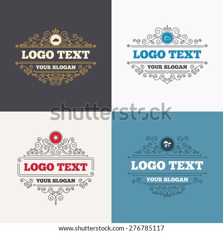 Flourishes calligraphic emblems. Weather icons. Cloud and sun signs. Storm or thunderstorm with lightning symbol. Gale hurricane. Luxury ornament lines. Vector
