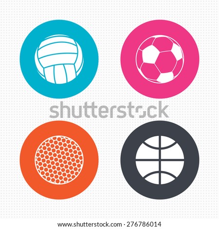Circle buttons. Sport balls icons. Volleyball, Basketball, Soccer and Golf signs. Team sport games. Seamless squares texture. Vector
