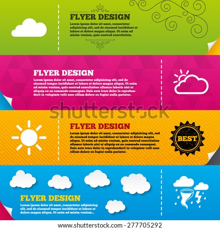 Flyer brochure designs. Weather icons. Cloud and sun signs. Storm or thunderstorm with lightning symbol. Gale hurricane. Frame design templates. Vector