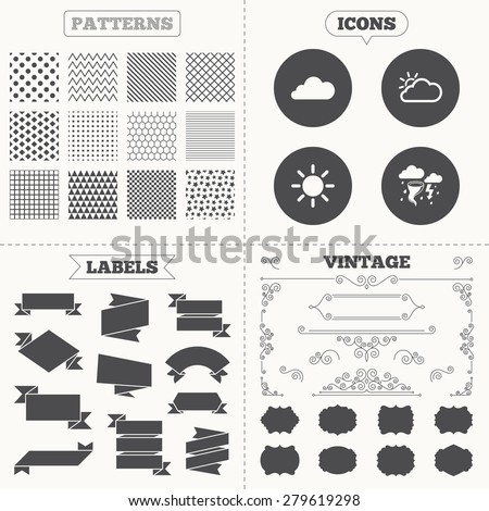 Seamless patterns. Sale tags labels. Weather icons. Cloud and sun signs. Storm or thunderstorm with lightning symbol. Gale hurricane. Vintage decoration. Vector