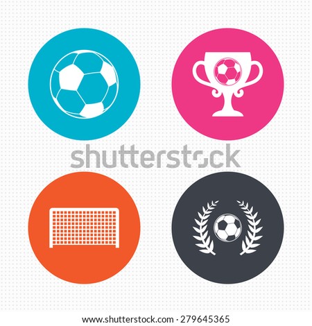 Circle buttons. Football icons. Soccer ball sport sign. Goalkeeper gate symbol. Winner award cup and laurel wreath. Seamless squares texture. Vector