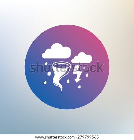 Storm bad weather sign icon. Clouds with thunderstorm. Gale hurricane symbol. Destruction and disaster from wind. Insurance symbol. Icon on blurred background. Vector