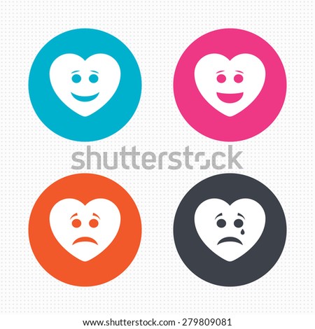 Circle buttons. Heart smile face icons. Happy, sad, cry signs. Happy smiley chat symbol. Sadness depression and crying signs. Seamless squares texture. Vector