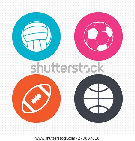 Circle buttons. Sport balls icons. Volleyball, Basketball, Soccer and American football signs. Team sport games. Seamless squares texture. Vector