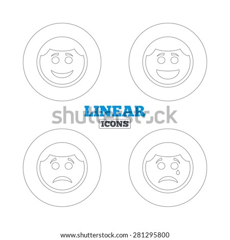 Circle smile face icons. Happy, sad, cry signs. Happy smiley chat symbol. Sadness depression and crying signs. Linear outline web icons. Vector
