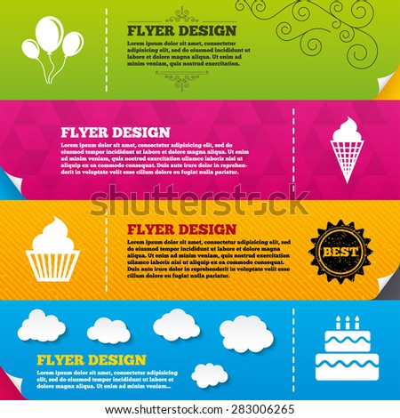Flyer brochure designs. Birthday party icons. Cake with ice cream signs. Air balloons with rope symbol. Frame design templates. Vector