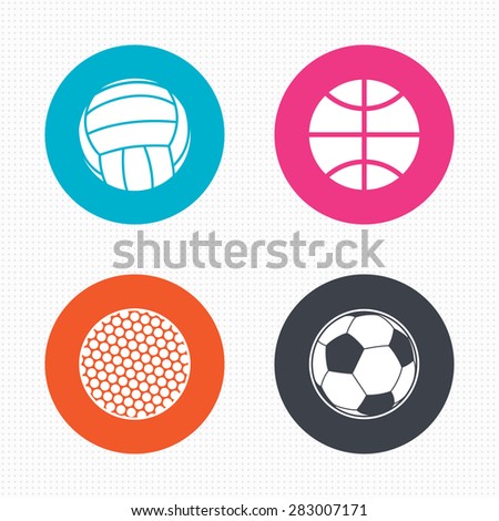 Circle buttons. Sport balls icons. Volleyball, Basketball, Soccer and Golf signs. Team sport games. Seamless squares texture. Vector