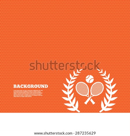 Background with seamless pattern. Tennis rackets with ball sign icon. Sport laurel wreath symbol. Winner award. Triangles orange texture. Vector