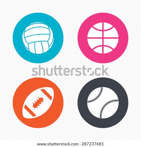 Circle buttons. Sport balls icons. Volleyball, Basketball, Baseball and American football signs. Team sport games. Seamless squares texture. Vector