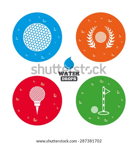 Water drops on button. Golf ball icons. Laurel wreath winner award sign. Luxury sport symbol. Realistic pure raindrops on circles. Vector