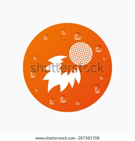 Water drops on button. Golf fireball sign icon. Sport symbol. Realistic pure raindrops. Orange circle. Vector