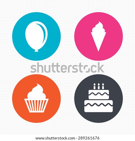 Circle buttons. Birthday party icons. Cake with ice cream signs. Air balloon symbol. Seamless squares texture. Vector