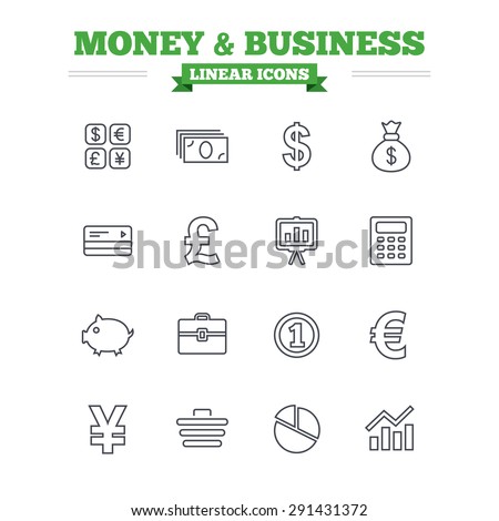 Money and business linear icons set. Cash and cashless money. Usd, eur, gbp and jpy currency exchange. Presentation, calculator and shopping cart symbols. Thin outline signs. Flat vector