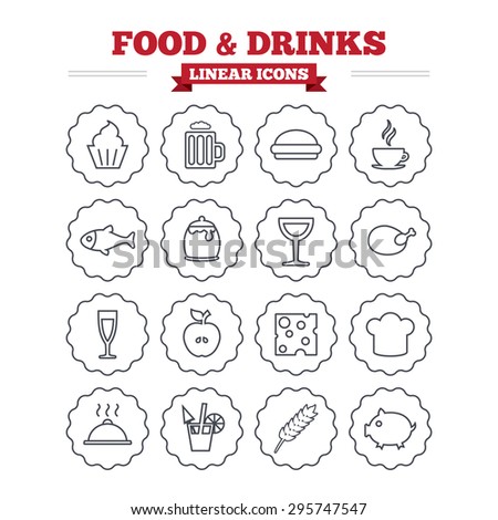 Food and Drinks linear icons set. Beer, coffee and cocktail symbols. Fish and pork meat, hamburger and cheese thin outline signs. Chief hat. Flat vector
