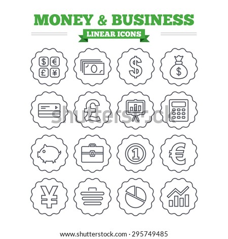Money and business linear icons set. Cash and cashless money. Usd, eur, gbp and jpy currency exchange. Presentation, calculator and shopping cart symbols. Thin outline signs. Flat vector