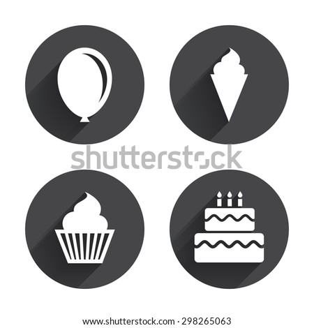 Birthday party icons. Cake with ice cream signs. Air balloon symbol. Circles buttons with long flat shadow. Vector