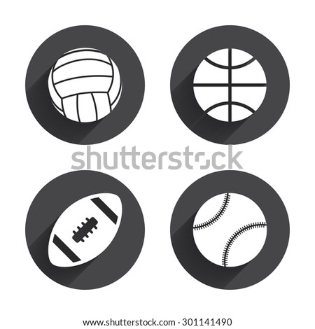 Sport balls icons. Volleyball, Basketball, Baseball and American football signs. Team sport games. Circles buttons with long flat shadow. Vector