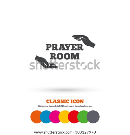 Prayer room sign icon. Religion priest faith symbol. Pray with hands. Classic flat icon. Colored circles. Vector