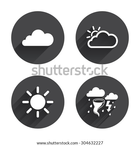 Weather icons. Cloud and sun signs. Storm or thunderstorm with lightning symbol. Gale hurricane. Circles buttons with long flat shadow. Vector