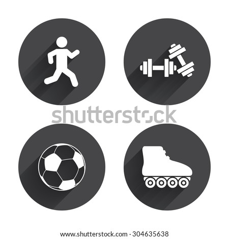 Football ball, Roller skates, Running icons. Fitness sport symbols. Gym workout equipment. Circles buttons with long flat shadow. Vector