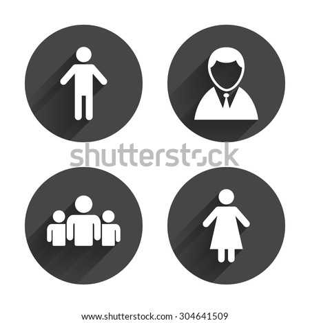 Businessman person icon. Group of people symbol. Man and Woman signs. Circles buttons with long flat shadow. Vector