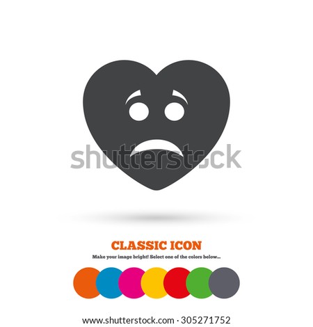 Sad heart face sign icon. Sadness depression chat symbol. Classic flat icon. Colored circles. Vector