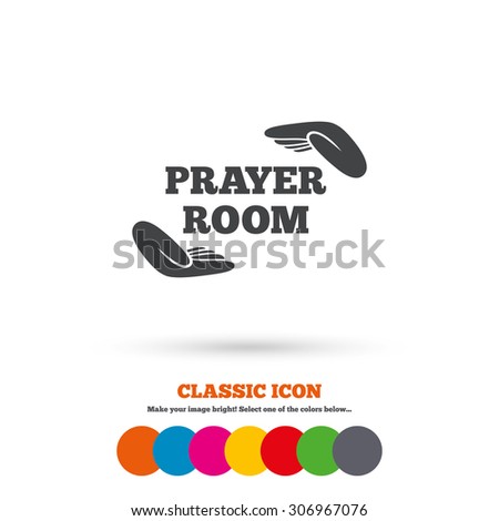 Prayer room sign icon. Religion priest faith symbol. Pray with hands. Classic flat icon. Colored circles. Vector