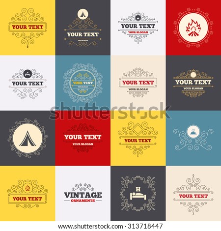 Vintage frames, labels. Hot food, sleep, camping tent and fire icons. Hotel or bed and breakfast. Road signs. Scroll elements. Vector
