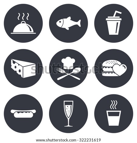 Food, drink icons. Alcohol, fish and burger signs. Hot dog, cheese and restaurant symbols. Gray flat circle buttons. Vector