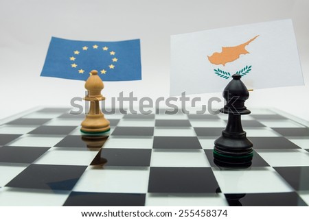 Chess pieces with the flags of Europe and Cyprus