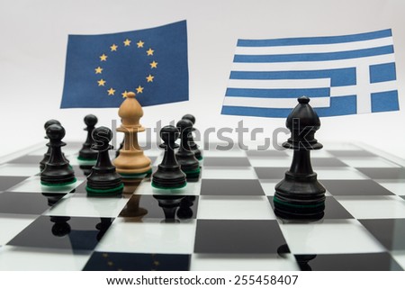 Chess pieces with the flags of Europe and Greece