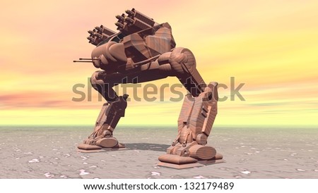 Reconnaissance mechanized intelligent vehicle on station at the desert. Original creation and modeling by the author.