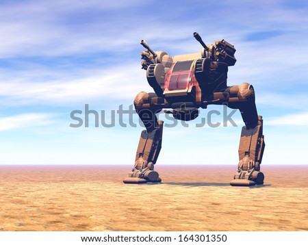 Heavy armed Mechanized Intelligent Vehicle at the desert. Original creation and modeling by the author.