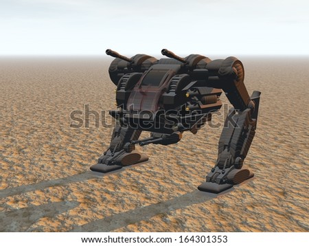 Heavy armed Mechanized Intelligent Vehicle at the desert on dusk. Original creation and modeling by the author.