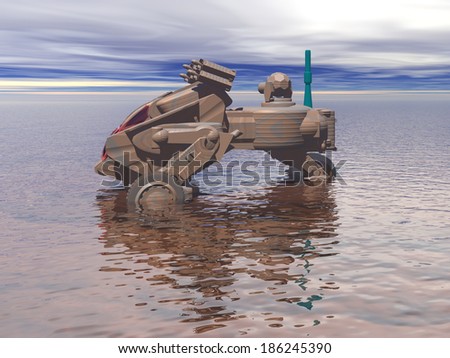 Light armored four wheel drive vehicle on a shallow lake. Original creation and modeling by the author.